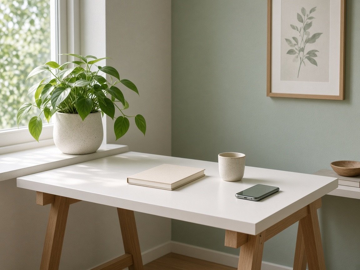 A bright desk by a window, with a plant, a notebook, and a phone.
